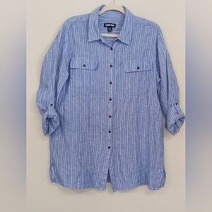 Lands' End 100% Linen Blue Pinstripe Button Down Shirt Beachy Lightweight Sz LT